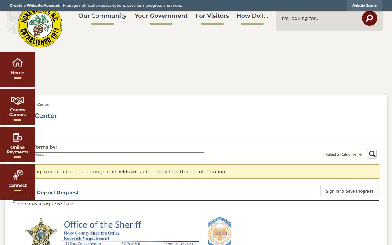 Hoke County incident report request form for arrest and booking records